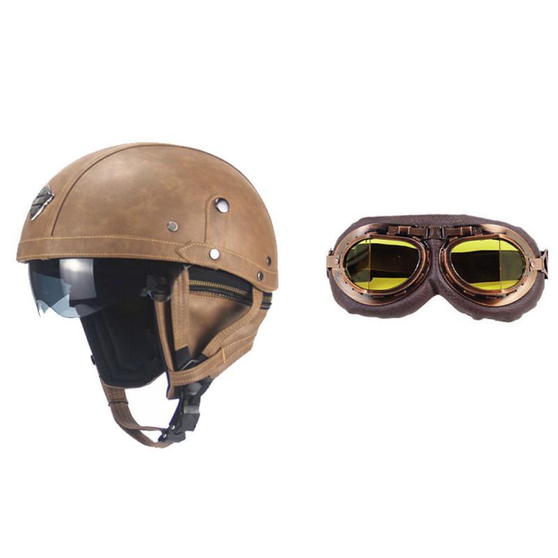 Retro Open Face Motorcycle Helmet Leather Cruiser Scooter Adult