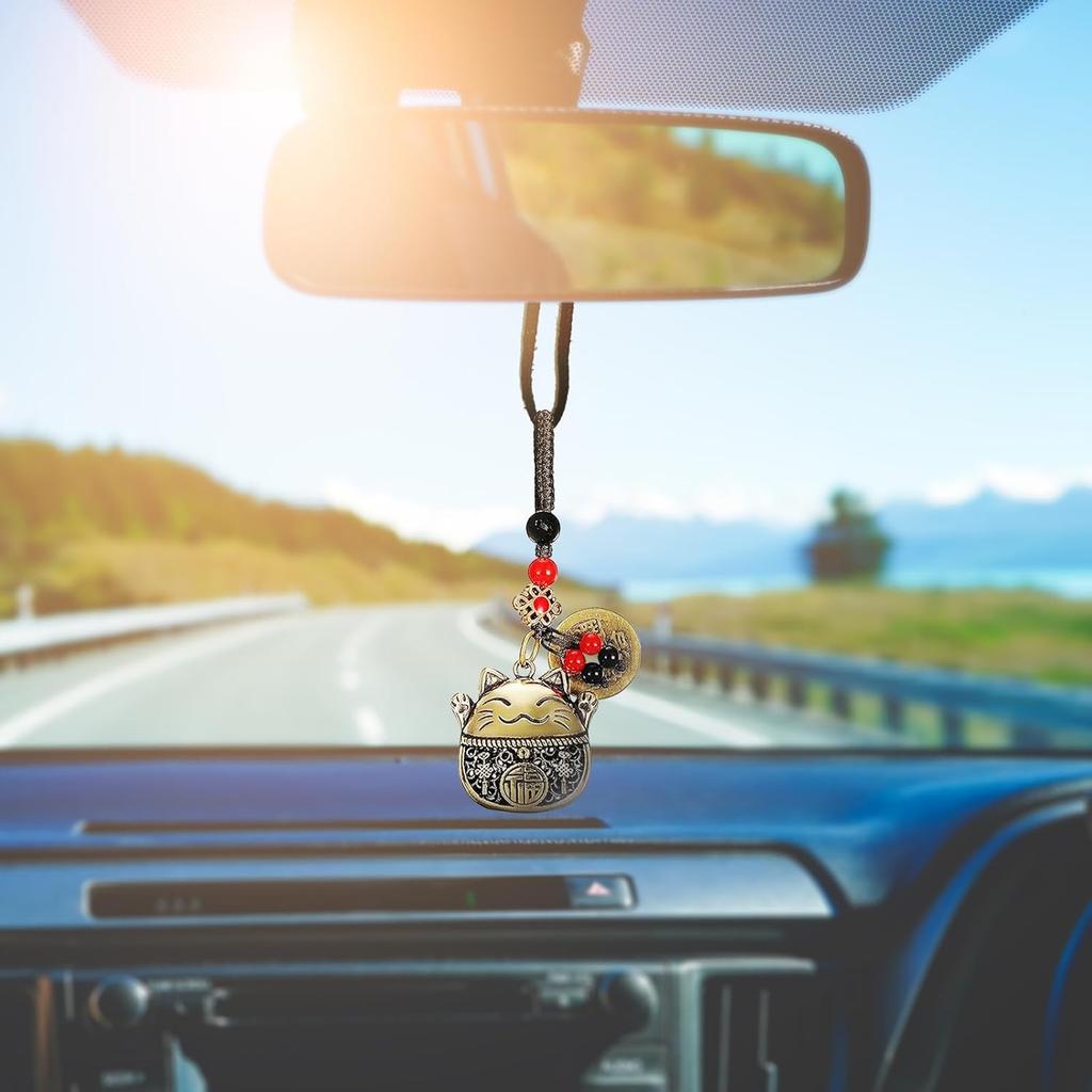 Lucky Cat Rearview Mirror Pendant with Five Emperors Feng Shui Co, Brass Maneki Neko Charm for Good Luck and Wealth, Tassel Hanging Decoration, Car