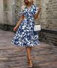 2026 spring and summer short-sleeved V-neck leaf print big swing skirt waist dress fairy skirt