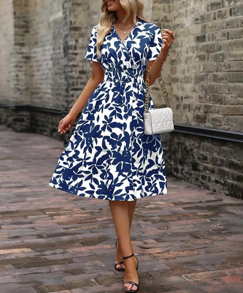 2026 spring and summer short-sleeved V-neck leaf print big swing skirt waist dress fairy skirt