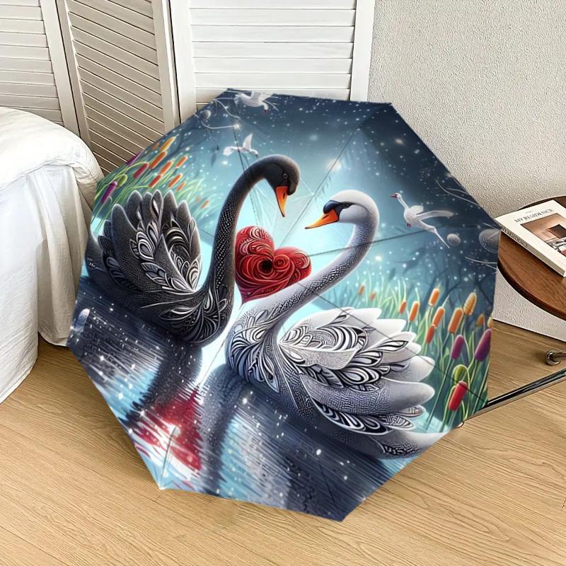 1pc Love Swans Heart Reflection Water Umbrella with Plastic Handle,Suitable for All Seasons Home Travel Outdoor UmbrellaDD594