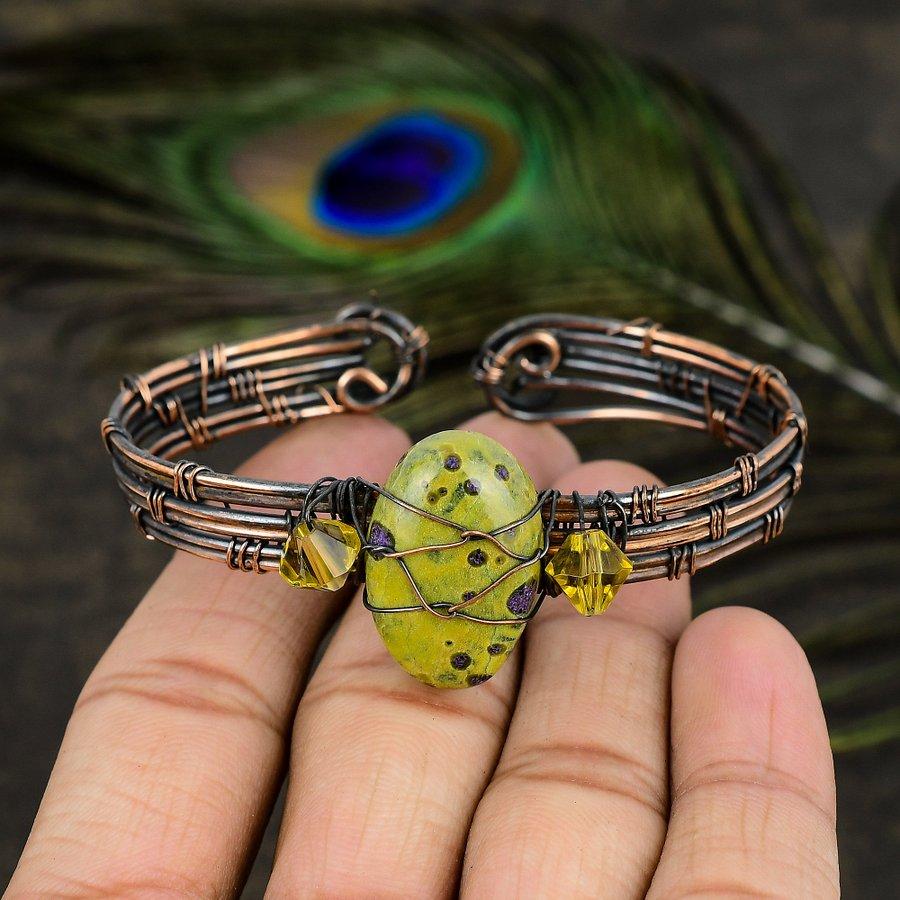 Natural Stichtite Stone Gemstone Copper Wire Wrap Cuff Bangle Adjustable P9u43
