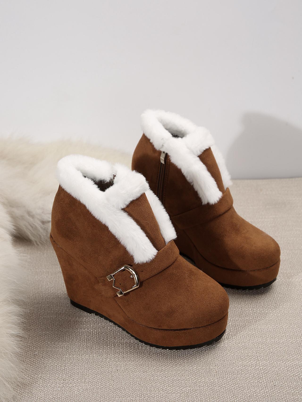 

Модные большие размеры 36-43, модные новые женские сапоги с круглым носком и пряжкой, сексуальные ботильоны на платформе, каблуках, рукавах, средней длины, бочкообразные, замшевые 43 коричневый