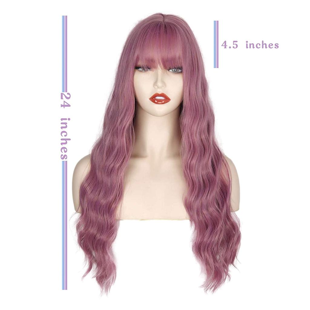 MERISIHAIR Purple Wig with Bangs Long Wavy Wig for Women, Synthetic Wig Heat Resistant 24 Inches