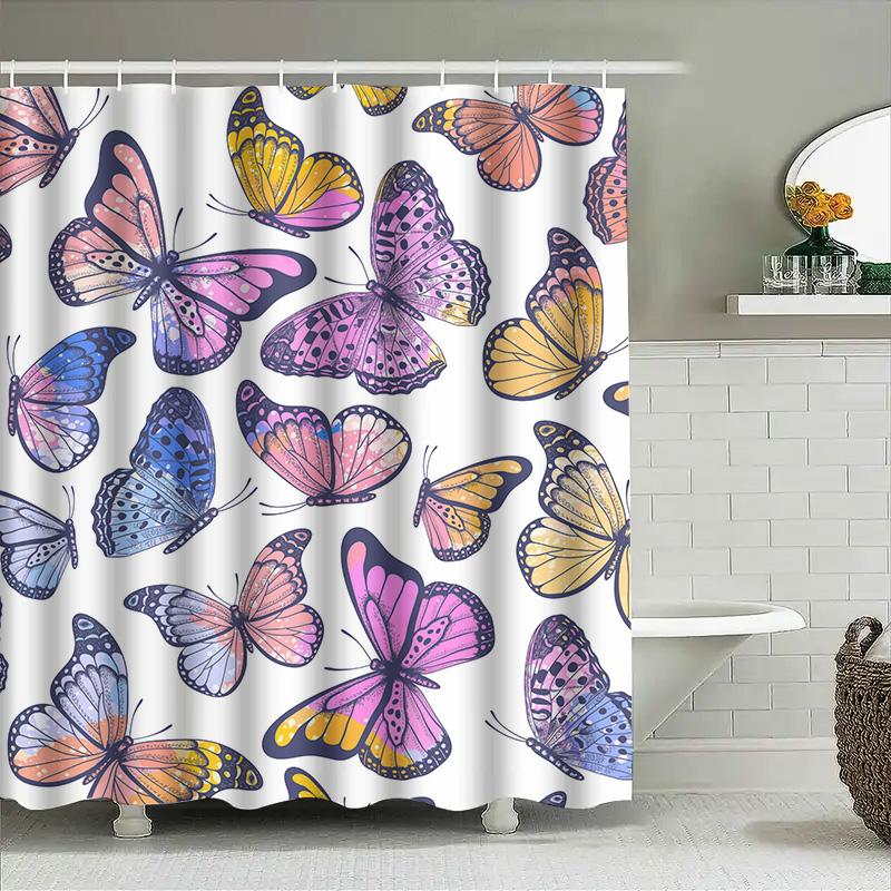 Beautiful Butterfly Pattern Shower Curtain Purple Pink Yellow Blue Flowers Decorative Bathroom Fabric Waterproof Tpu Membrane Wa