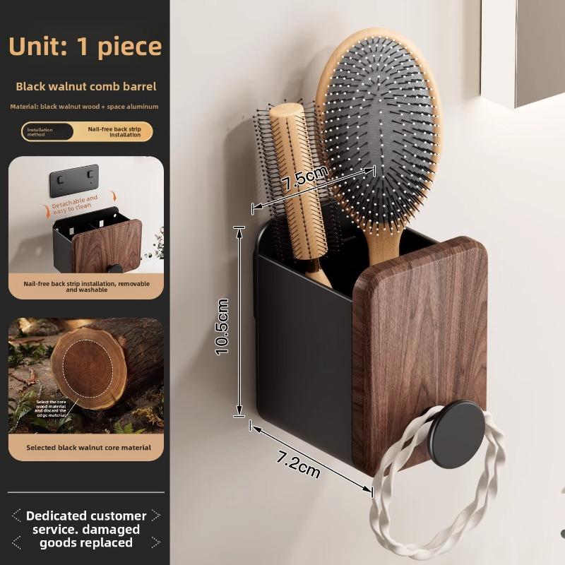 Walnut Wood Bathroom Organizer No-Drill Countertop Storage Holder for Combs Toothbrush Razor Makeup Brushes
