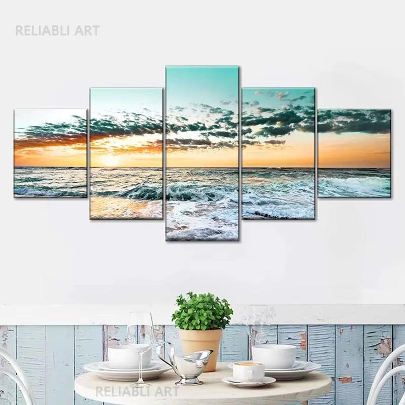 5 Stück Cleopatra Ozean Leinwandbild Wandkunst Oranger Himmel Ozeanstrand Multi Türkei Sandstrand Sonnenaufgang Wanddekoration Ohne Rahmen