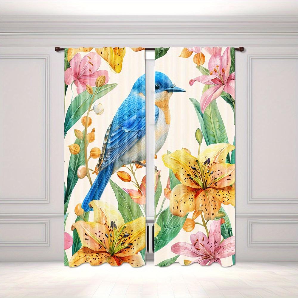Hummingbird and Flowers Print Light-Filtering Curtain Panels 2 Piece Polyester Rod Pocket  Decorative Curtains for Bedroom