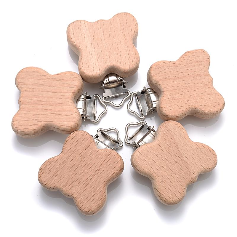 5Pcs/Lot 9 Style Fish Rabbit Butterfly Shape Beech Wooden Clips Metal Bracket for Baby Pacifier Clips Chain Holder Accessories
