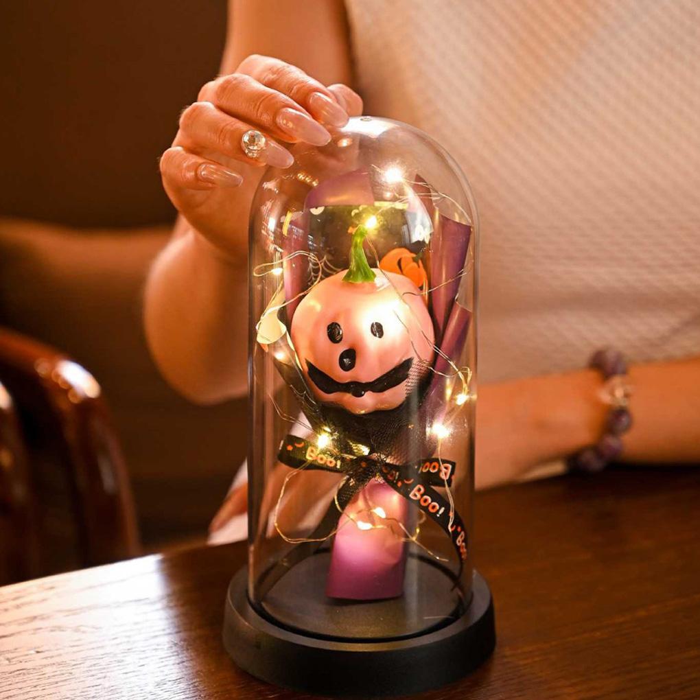 2025 New Halloween Lights LED Glass Dome with Artificial Plants Light-up Pumpkin Cloche for Home Kitchen Mantel Party Decor
