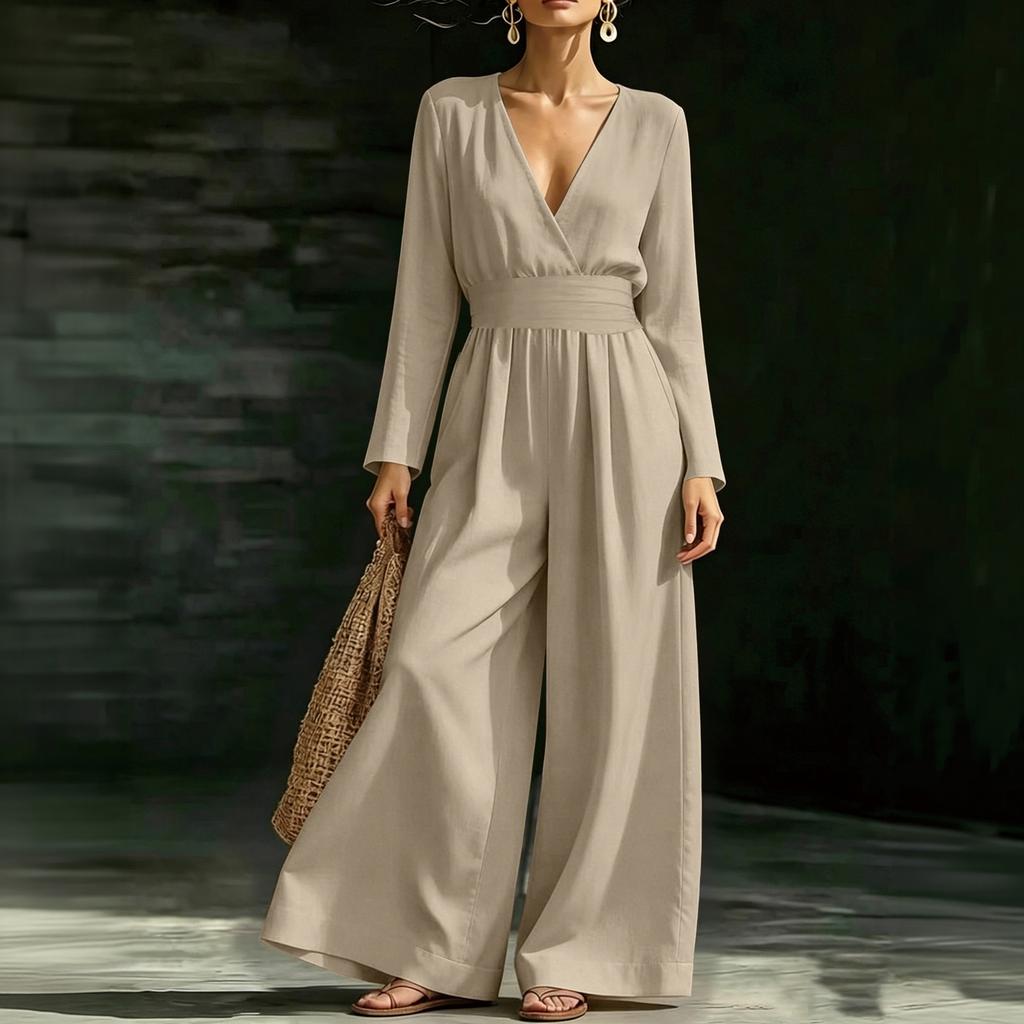 Damen V-Ausschnitt Taillenbetonender Langarm-Jumpsuit, Farbe, Elegant für Arbeit und Abend