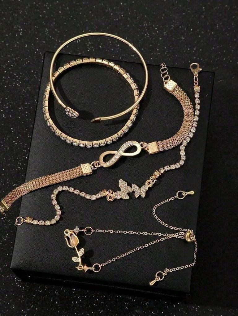 5pcs Fashionable, Simple, Delicate, Elegant, Heart, Flower, Tulip, Droplet Shaped Encrusted, Sparkling 8-Sign Hook Bracelet And Chain Bracelet Set