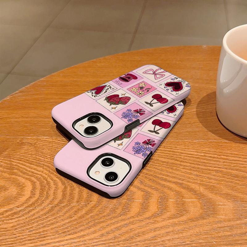 Pink Grid Collage Strawberry Cherry Heart Bow Floral Coffee Print Phone Case Coquette Cute Girly Vintage Shockproof Cover For All iphone Series