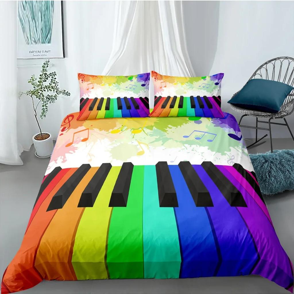 Musik-Bettbezug-Set, Musik mit rhythmischem Violinschlüssel-Design, Queen-King-Size-Bettwäscheset aus Polyester für Einzelbett und Einzelbett