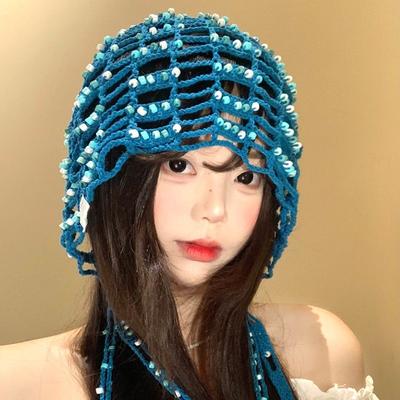 Koreanische Handgehäkelte Perlenfransen Cut-out Pullover Mütze Damen Sommer Dünn Atmungsaktiv Bohemian Stil Gestrickte Beanie Mützen
