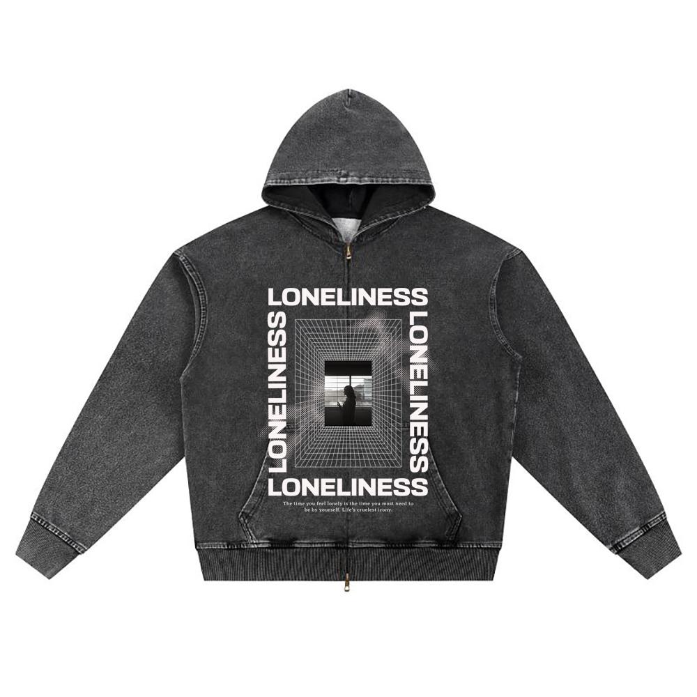 DTG print Knitted Denim Zip-Up Hoodie Loneliness Brother Print Zipper Hoodies