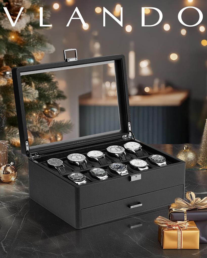Vlando PU Hodinky Pojme 10 Úložný Doplněk Displej Narozeninový Dárkový Pouzdro, Hodinky, Dvoupatrový Design, Pánská Krabička, Pouzdro, Pouzdro, Organizér,