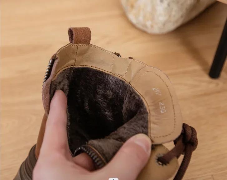 Fashion Brown 7CM Genuine Leather Synthetic Cushioned Autumn Women Spring Durable Ankle Boots Platform Wedge Winter Plush Spring Shoes