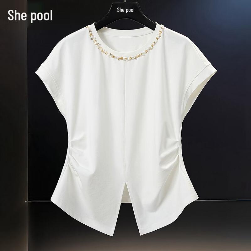 Women s Beaded Round Neck Flutter Sleeve T-Shirt S белый