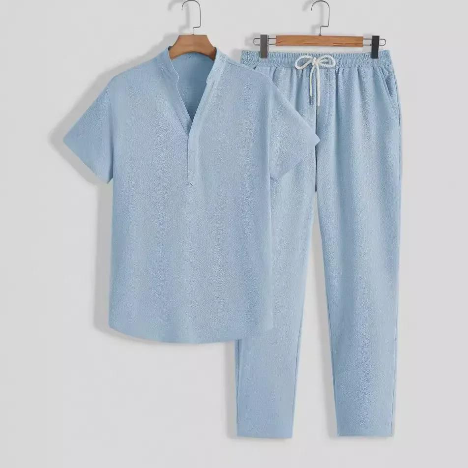 2026 Summer Men's Casual Sports Suit - Short Sleeve & Long Pants, Solid Color