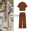 Minimalist Honeycomb Plaid Short Sleeve Lapel Shirt 4387024 High Waist Stretch Waist Wide Leg Pants 4387022