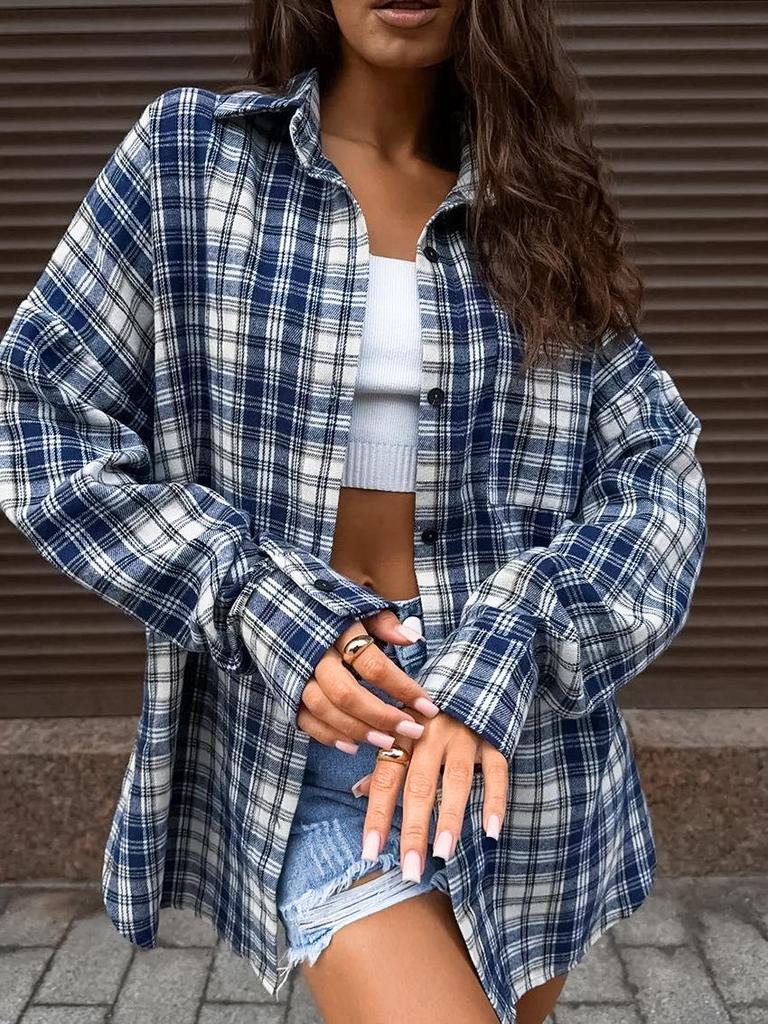 Women's Versatile Plaid Turn-Down Collar Blouse - Loose Fit, Long Sleeve, with Pockets, European & American Style, 2025 Collection.