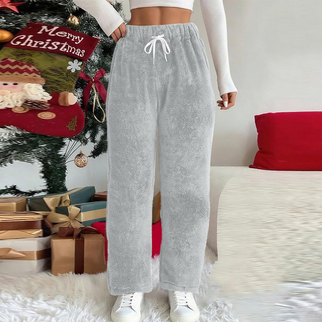 Womens Plush Pajamas Pants Fall Winter Fashion Warm Fleece Sweatpant Drawstring Elastic Waist Home Trouser