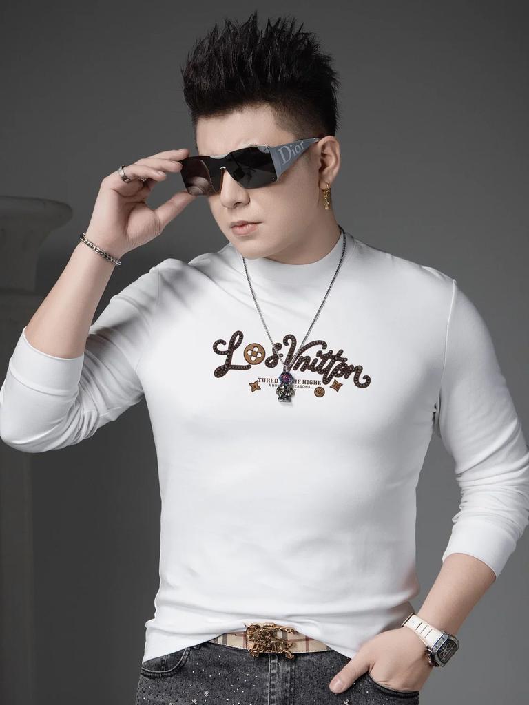 Ozhouzhan Half-high Collar Long Sleeves Shirt Men's Autumn Trendy Beads Print Bottoming Shirt 2025 New Casual Top