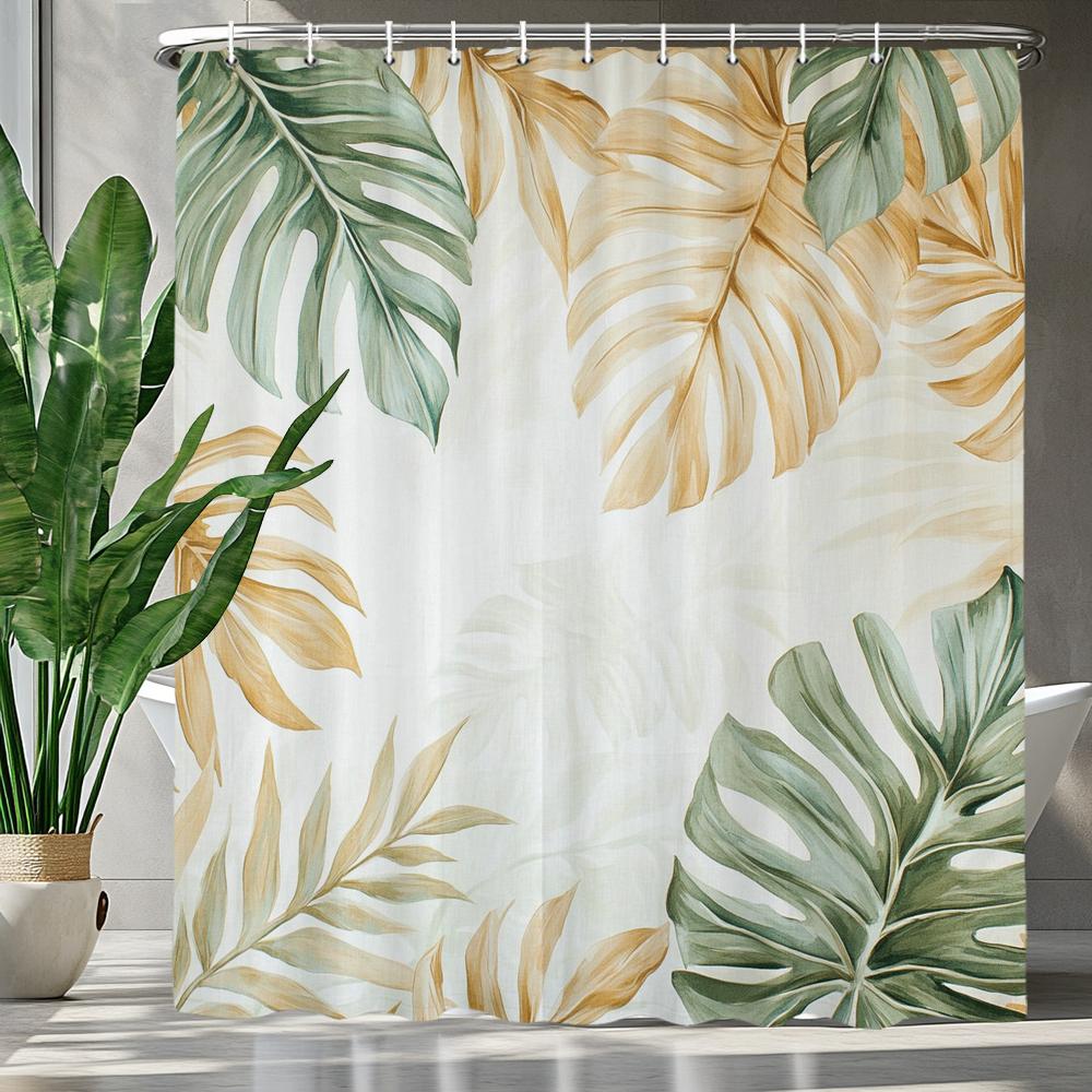 Green Leaves Monstera Plants Printed Shower Curtain Bathroom Curtain,Hanging Curtain With 12 Hooks Decoration Machine Washable