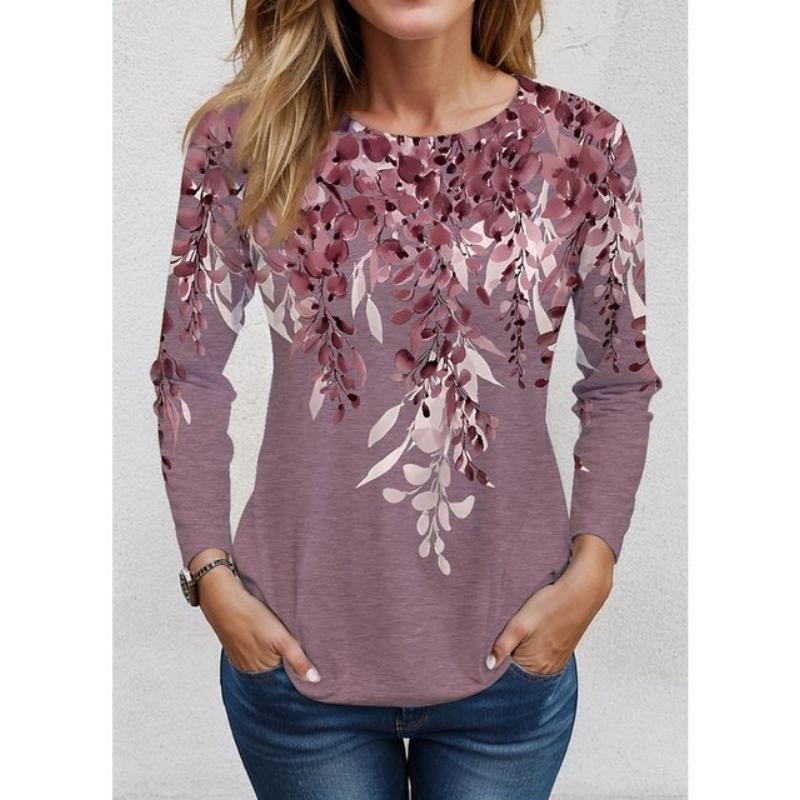 

2023 Женская футболка с цветочным принтом, длинный рукав, базовая толстовка, модная круглая горловина, стандартный крой, цветочная роспись, весна и осень XS