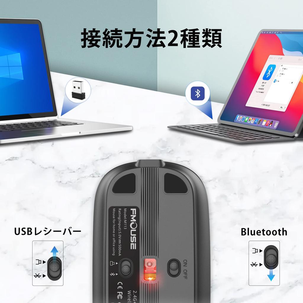 FMOUSE Bluetooth Wireless Mouse, Quiet, Rechargeable, Slim, Compact, 6-Button 2.4GHz Optical Mouse, High Precision, Energy-Efficient, 800120016002400