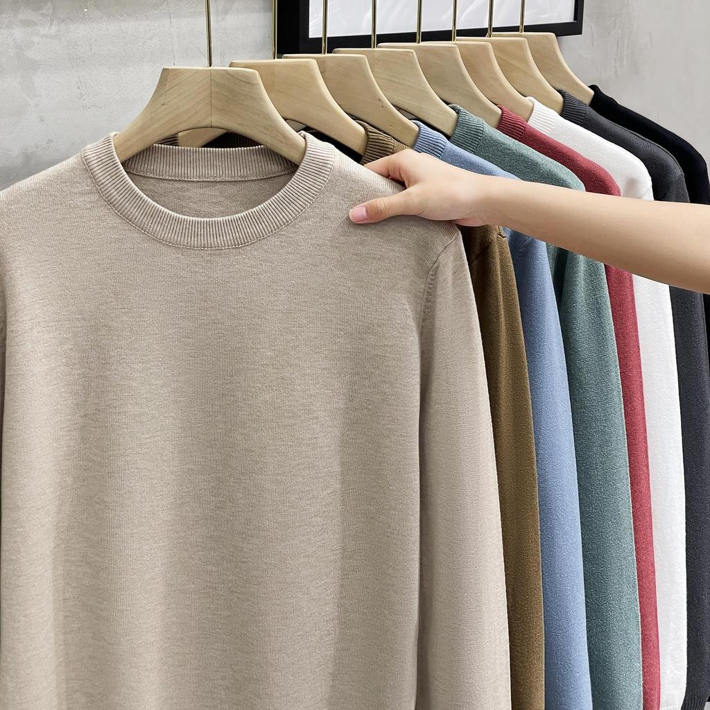 Solid Color Bottoming Shirt Casual Sweater Long Sleeve Knit Sweater Men's Round Neck Sweater Autumn Winter Large Size Loose Keep Warm Top
