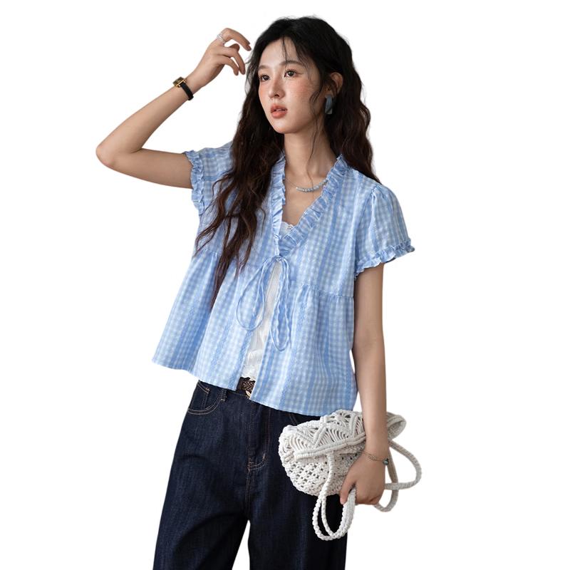 Mixiu Women s Blue Plaid Faux Two-Piece Ruffle Trim Puff Sleeve Top S
