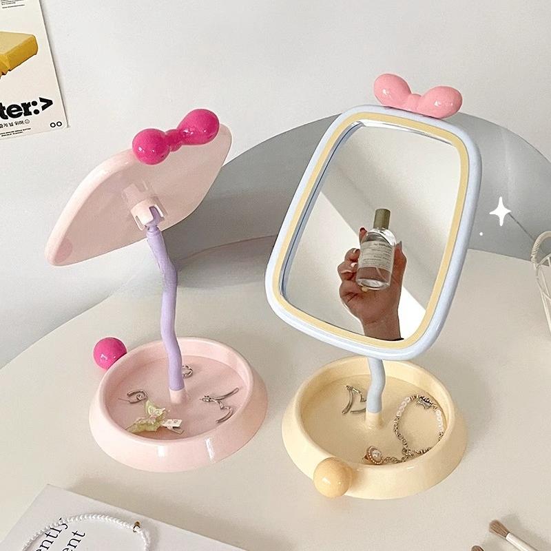 Cute Multifunctional Makeup Mirror with Jewelry Storage Tray Student Dormitory Standing Mirrors Phone Holder Korean Style 2025