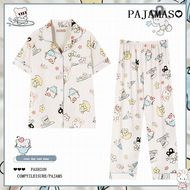 Summer Pajamas Female Cute Cartoon Short-Sleeved Trousers Casual Comfortable Cardigan Loungewear Suit Can Be Worn Outside