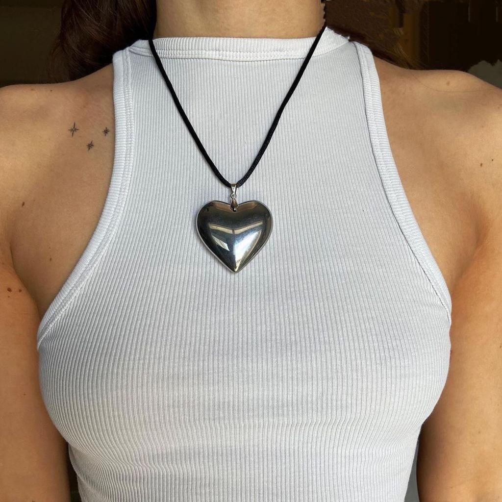 Simple Fashion Large Red Glass Heart-shaped Pendant Black Leather Rope Necklace for Women Hip-hop Punk Jewelry Accessories Gifts