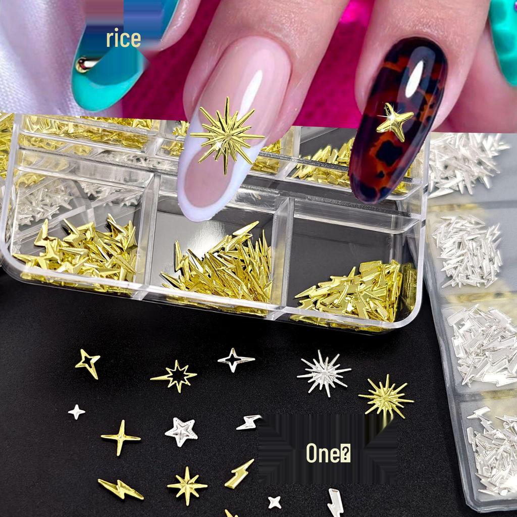 Gold & Silver Starburst Nail Art Set: Cross, Rivets & Lightning Elements