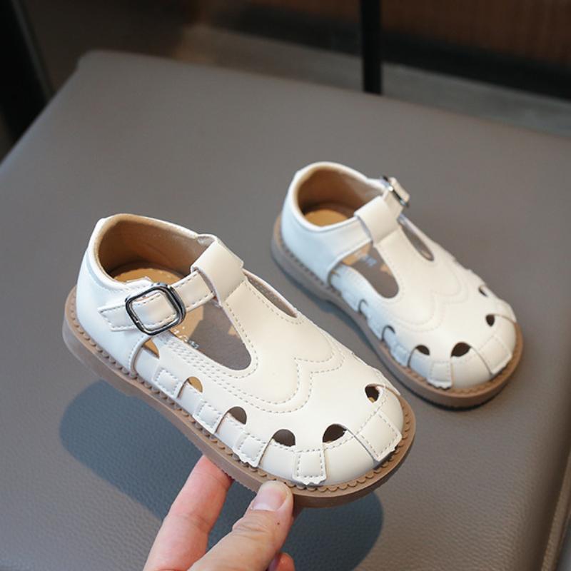 Girl Sandals Summer New Leather Cut-outs Children Solid Color Flat Shoes Fashion Kids Boy Causal Beach School Sandals Soft Soled
