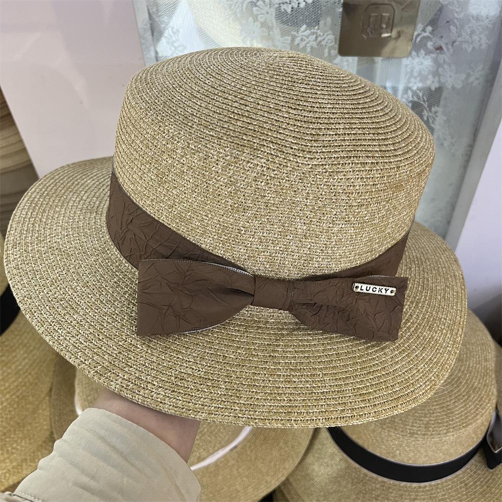 

Texture bow sweet straw hat small standard spring and summer British casual sunshade summer flat top top hat women Adult (55-58cm)