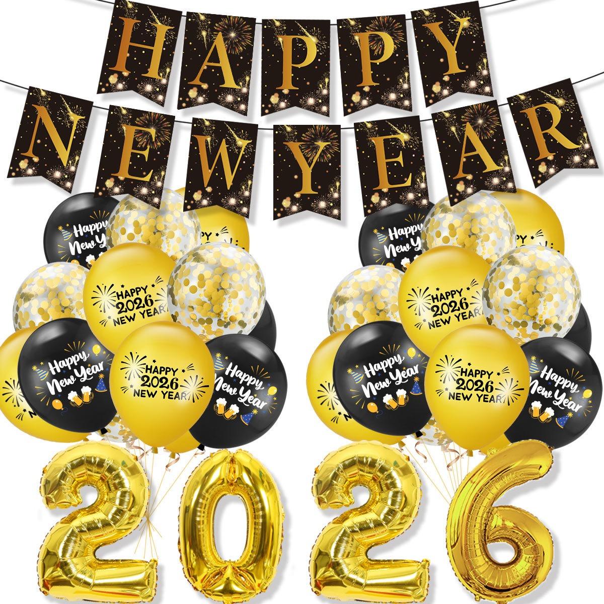 

2026 Happy New Year Party Balloon Black Gold New Year Banner 2026 Number Balloons Home Happy 2026 New Year Party Decorations Other