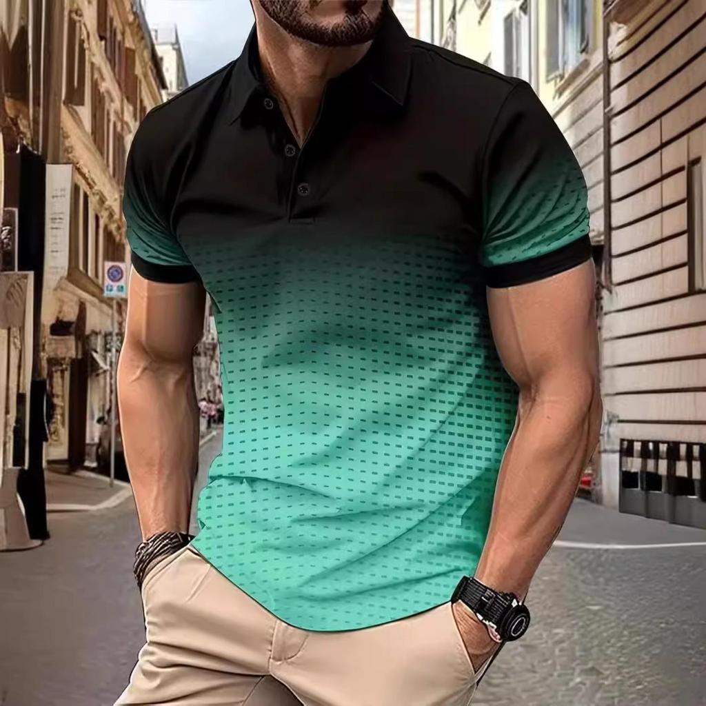 Colour Blocking Gradient Tops Daily Casual Lapel Short Sleeve Polo Shirt Man