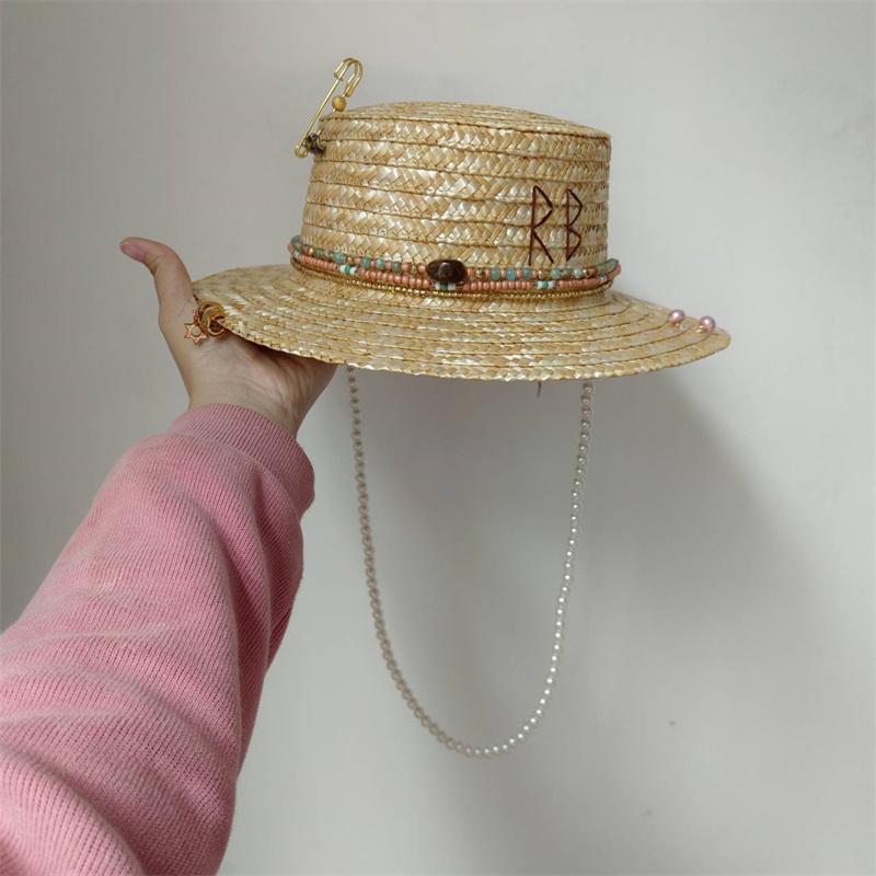 Beach Hat Punk Pearl Chain DIY Concave Crown Sun Hat New Korean Letter Hat Beach Hat Men's and Women's Punk Hat Candy Color Sun