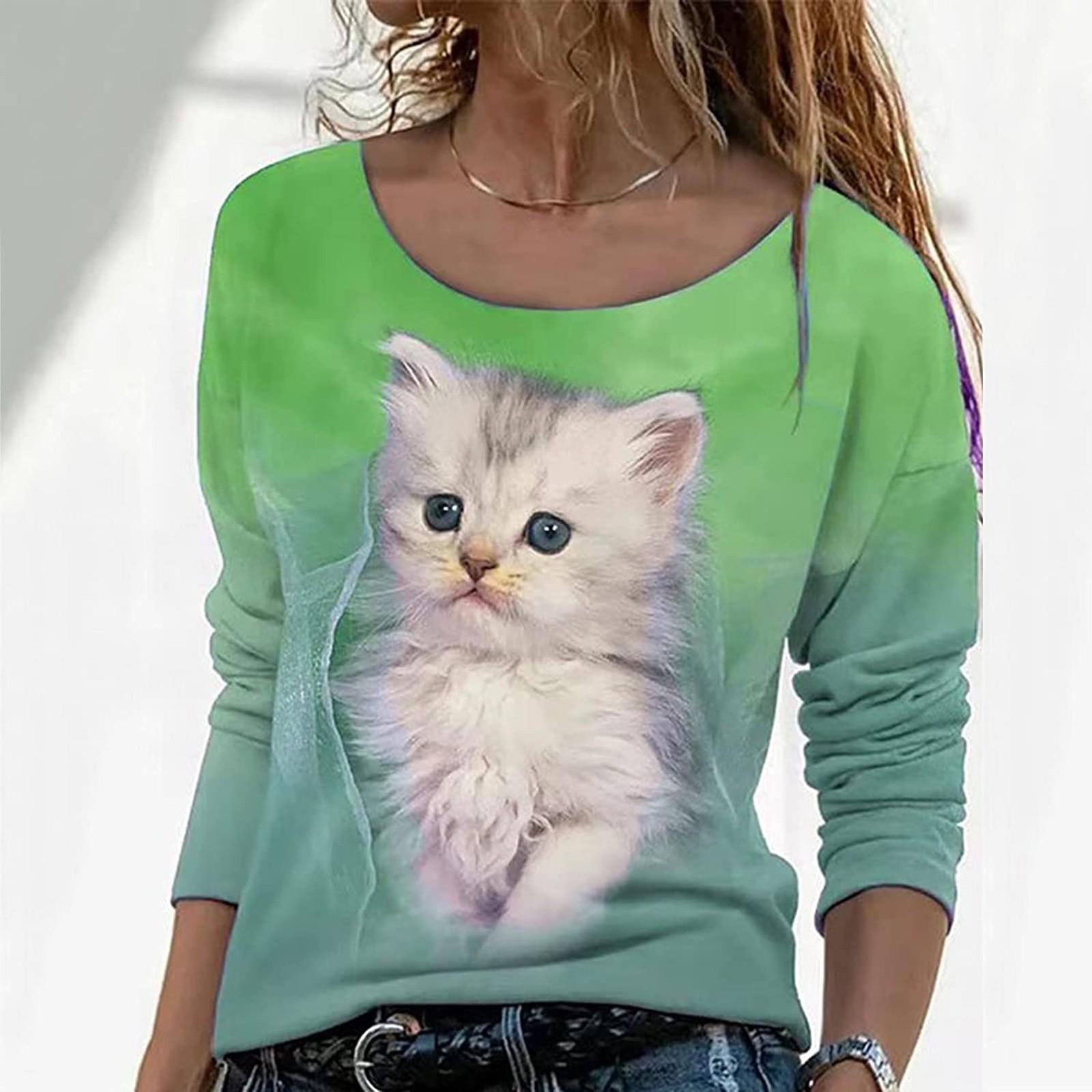 

Plus Size Tops For Women Cute Print Round Neck Long Sleeve T-shirt Fall Winter Casual Slim Pullover Tunics Blouse XL зелений