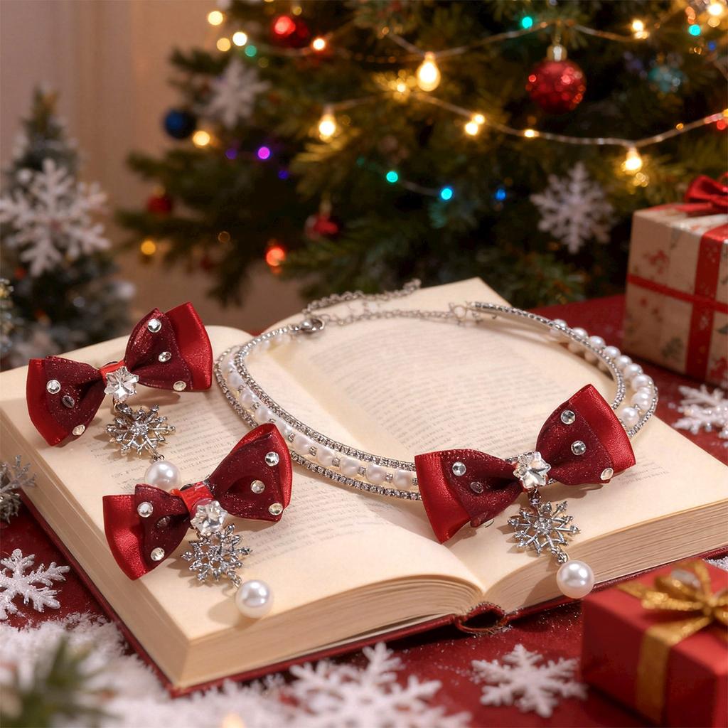 Diamond imitation pearl bow snowflake sweater chain Christmas atmosphere light luxury necklace