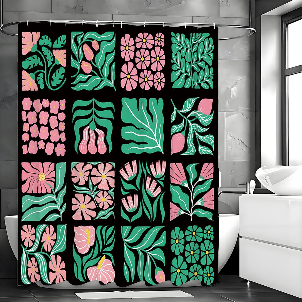 Floral Plant Collage Pink Green Shower Curtain, Bathroom Decorative Shower Curtain, Waterproof Shower Curtain with Hooks