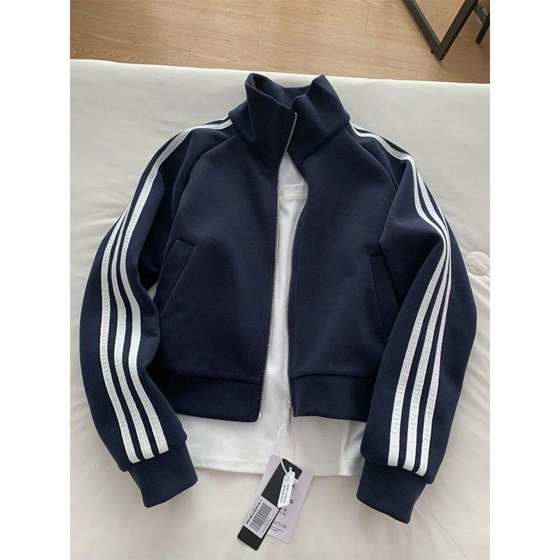 Womens Short Fleece Lined Baseball Jacket 2026 Winter Casual Sport Stand Collar Three Stripe Outerwear