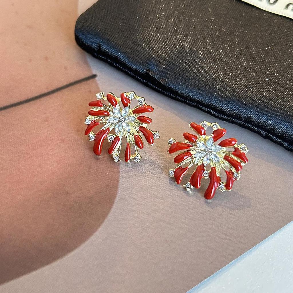 Ankara Red Festive Rhinestone Fireworks Stud Earrings in 925 Sterling Silver