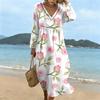Fashionable lady's V-neck mid-length casual long-sleeved dress
