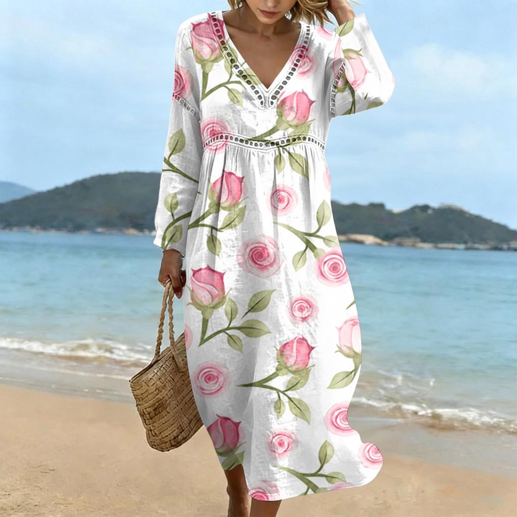 Fashionable lady's V-neck mid-length casual long-sleeved dress