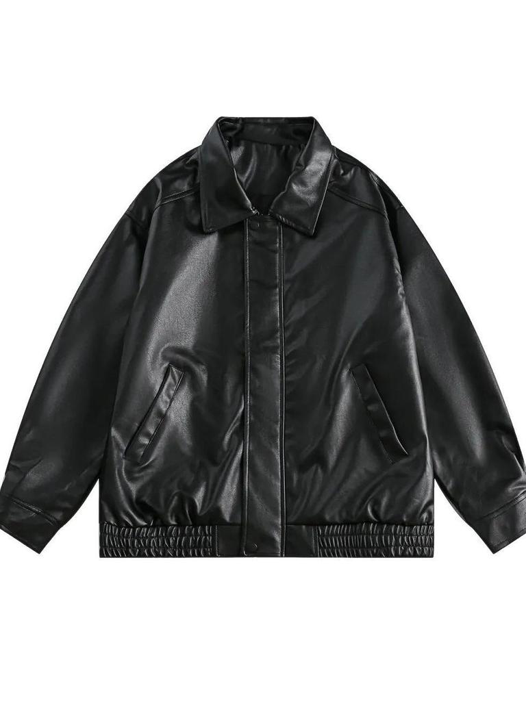 Retro Coffee Color Unisex PU Leather Moto Jacket - Loose Fit with High-End Lapel Design for Spring & Autumn